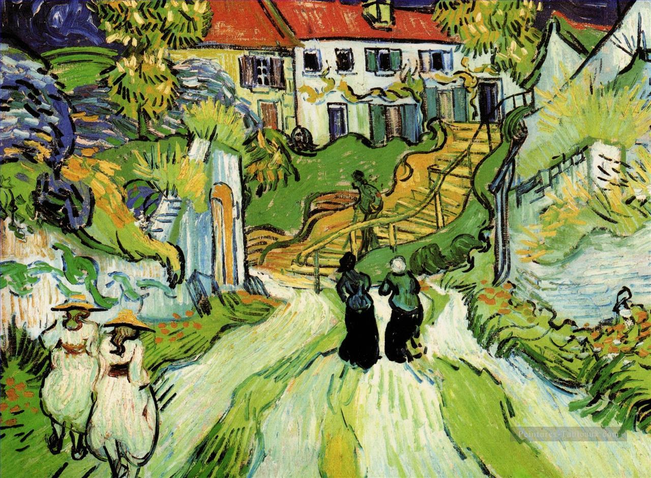 Village Street et étapes à Auvers avec des personnages Vincent van Gogh Peintures à l'huile